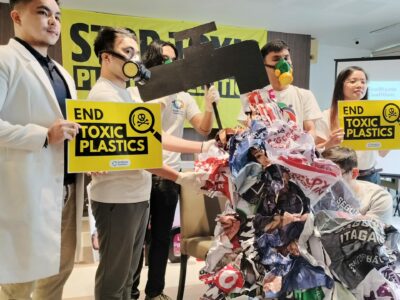 END TOXIC PLASTICS:  Zero waste activists from the EcoWaste Coalition push for a cap on  plastic production after detecting high levels of hazardous chemicals like cadmium and phthalate on tarpaulins used by senatorial candidates in the last midterm elections. The group demands strong local and global regulations to eliminate the use of such chemicals in plastic materials and products to protect human health and the environment.