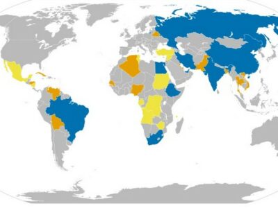 Map of relations between countries and the BRICS. Blue: Member States, Orange: Candidates, Yellow: have expressed an interest in joining.