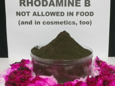 Beware - Rhodamine B, a carcinogenic substance is not permitted as colorant in food and in cosmetics, too.