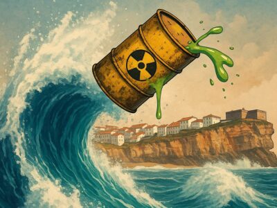 Tambor radiactivo arrastrado por una ola gigante desde el fondo del mar en Nazaré (imagen generada por IA para PRESSENZA)