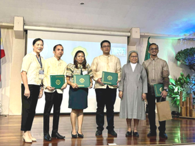 Honoring our innovative speakers. Dr. James Brian Flores, Assoc. Prof. Ma. Jocelyn E. Cuadra, Dr. Las Johansen Caluza, and Engr. Emir Lenard S.F. Sicangco receive their certificates of appreciation from St. Paul University Dumaguete's organizers, Sr. Ellen Lorenzana, SPC, and Dr. Mary Francis Laquinon. The university also extends its gratitude to Dr. Franch Maverick A. Lorilla for his valuable contributions.