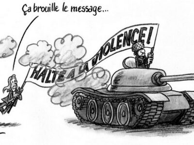 Text in the drawing: It confuses the message…        STOP VIOLENCE,