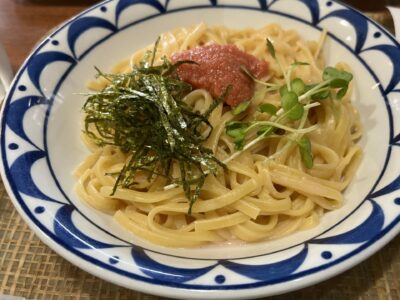 Pasta in Japan topped with fish roe, seaweed & cream.
