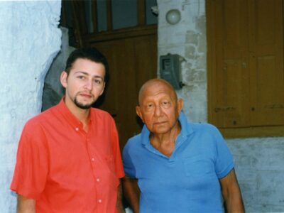 Cornelius Castoriadis and Dimitris Eleas (left) in front of the thinker's summer house - 1996, Tinos, Greece.