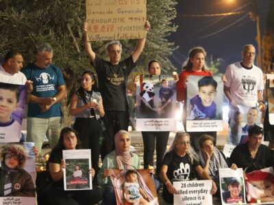 Israeli and Palestinian activists from Combatants for Peace denounce the killing of children in Gaza