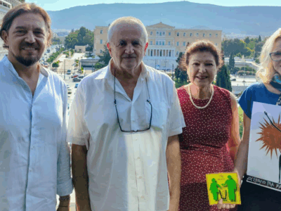 Members of the Anti-Nuclear Alliance welcomed ICAN Executive Director Melissa Park to Athens.