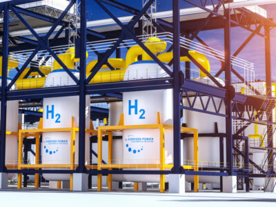 Hydrogen renewable energy production - hydrogen gas for clean electricity solar and windturbine facility