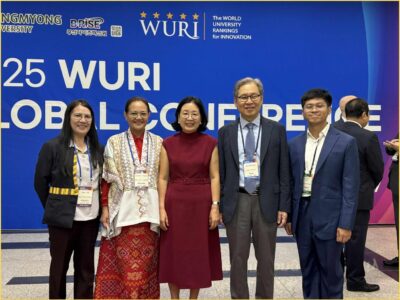 Leadership converges at WGC 2025: Dr. Jin-suk Kim, Chair of WGC25 (center), and Dr. Hwy-Chang Moon, 10th President of aSSIST University and Professor Emeritus of Seoul National University (4th from left), with BCU's delegation—Dr. Gina L. Casi, Dean of CNSW; newly elected WUNI-L Secretary and WURI Historian Dr. Genevieve Balance Kupang; and Mr. Karl Matthieu Rillera, Marketing Officer.