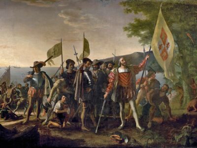 John Vanderlyn Oil on canvas, 12' x 18' 1846; placed 1847 Rotunda U.S. Capitol

In this painting, Christopher Columbus and members of his crew are shown on a beach in the West Indies, the first landfall of their expedition to find a westward route from Europe to China, Japan, and perhaps unknown lands.