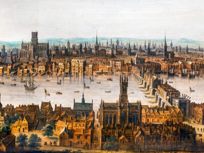 London from Southwark, c.1630. Old London Bridge is in the right foreground and old St Paul's Cathedral on the skyline to the left.