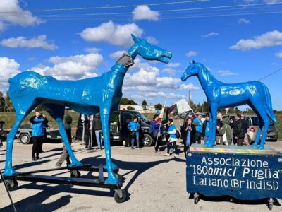 The two blue horses outside the Restinco detention centre during the 8 October 2025 demonstration.