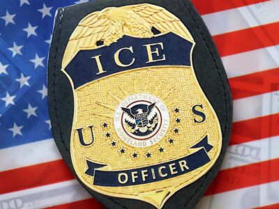 KYIV, UKRAINE - SEPTEMBER 17, 2025 US ICE Officer badge on United States of America flag