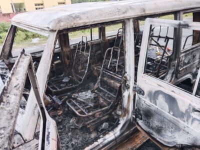 Torched media vehicle.