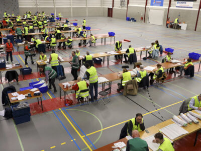 Provincial and waterboard elections with Voluntary counters in sports hall to count votes in Zuidplas