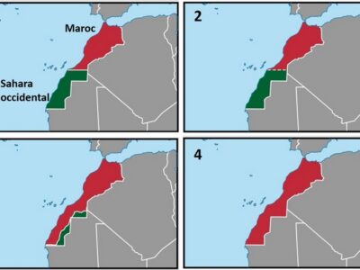 Quatre façons dont le Sahara occidental et le Maroc sont représentés sur les cartes: [1] Le Maroc et le Sahara occidental sont présentés séparément. [2] Sahara occidental présenté comme territoire contesté. [3] Sahara occidental montré séparément, mais englobant seulement les zones contrôlées par la République arabe sahraouie démocratique, tandis que le reste est montré comme faisant partie du Maroc. [4] Le Sahara occidental fait partie du Maroc.