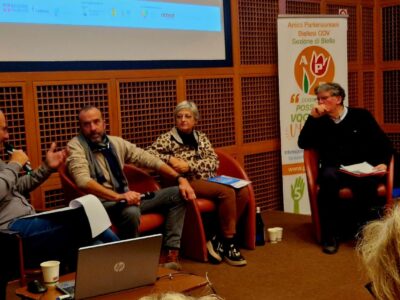 i relatori alla proiezione di Senza Tremori a Città studi, Biella Da sin: Marco Cassisa, Ettore Macchieraldo, Luisa Dodaro e Luciano Manicardi