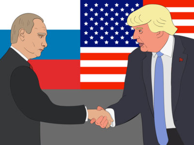 The meeting between the Presidents of the Russian federation and the US Vladimir Putin and Donald Trump on the background of Russian and US flags.