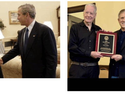 2025 Nobel Peace Prize winner María Corina Machado and George W. Bush (left); 2025 US Peace Prize winner Gerry Condon receives award from Michael Knox (right).